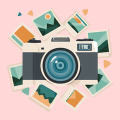 Obraz premium Retro Camera with Scattered Snapshots and Confetti-like Elements on a Bright Pink Background