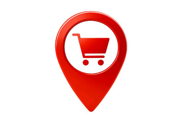 Red shopping cart icon within a map marker pin symbol representing a retail store location isolated on transparent background