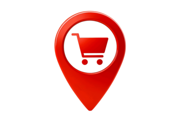 Red shopping cart icon within a map marker pin symbol representing a retail store location isolated on transparent background