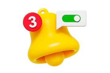 3d rendered yellow notification bell icon with a red badge showing the number three and a green toggle switch on a transparent background isolated on transparent background