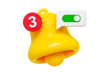 3d rendered yellow notification bell icon with a red badge showing the number three and a green toggle switch on a transparent background isolated on transparent background