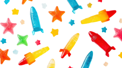 Flat lay of multicolored gummy candy rockets and stars isolated