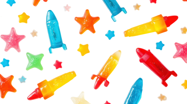 Flat lay of multicolored gummy candy rockets and stars isolated