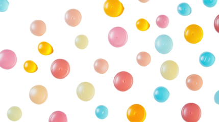 Flat lay of pastel colored gummy candy buttons and beads randomly arranged isolated