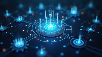 Abstract digital illustration featuring a complex network of interconnected technological components, emitting vibrant blue light and glowing energy, highlighting interconnectedness and digital...