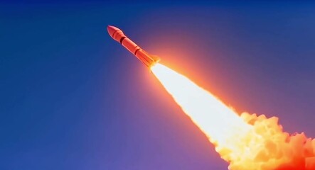 Rocket launches with powerful flames into sky.Bright blue sky.4k video.
 - Powered by Adobe