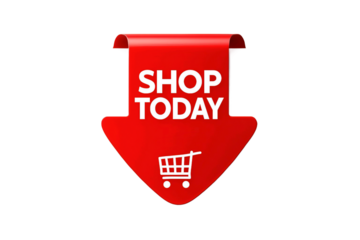 Red arrow pointing down with text shop today and shopping cart icon isolated on transparent background