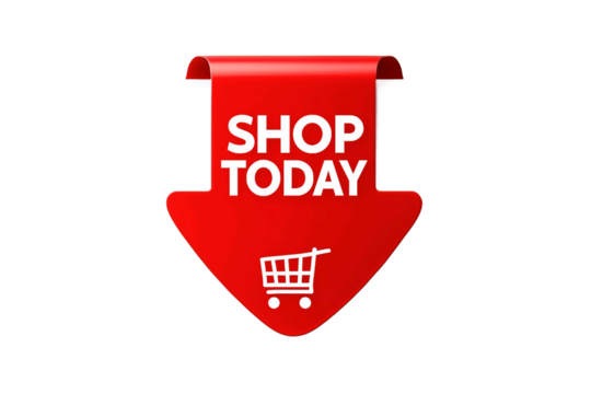 Red arrow pointing down with text shop today and shopping cart icon isolated on transparent background