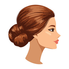 Illustration of a refined woman in profile with glossy brown hair, featuring a neat, textured, and voluminous low side bun, demonstrating classic hair styling technique