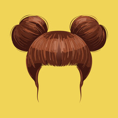Illustration of rich brown hair pulled back with fringe and styled into two symmetrical, full, polished low buns, highlighting a neat and sophisticated updo design
