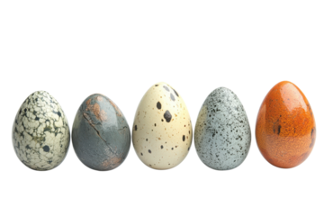 Diverse bird eggs showcase unique patterns and colors in a natural history collection display on transparent background