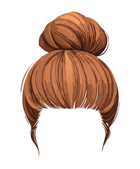 Voluminous and chic high bun updo Hairstyle in a classic brown shade featuring a perfectly cut straight fringe
