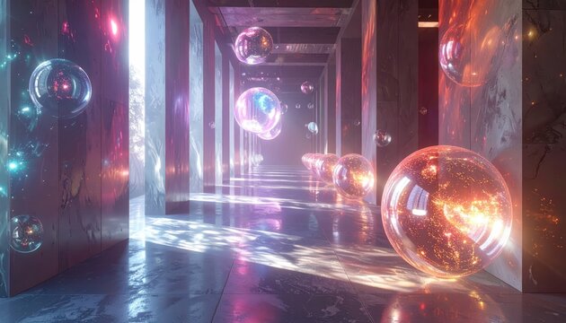 A futuristic corridor with glowing spheres suspended in the air, featuring reflective surfaces and a gradient of warm and cool color tones.