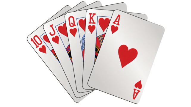 Royal flush of hearts poker hand for winning luck