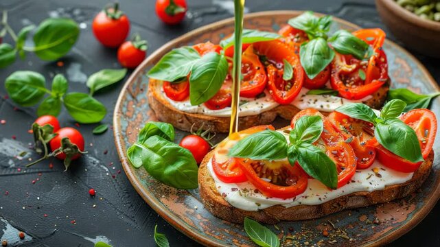 Fresh tomato basil bruschetta served on a rustic plate with garden herbs