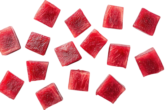 Diced beetroot pieces scattered create a visually appealing food photography composition on transparent background