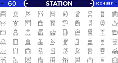 Modern train and subway station Outline icon set with travel, rail, signal, map, and schedule symbols. Perfect for transport, metro, urban commuting, journey planning, and public transit.