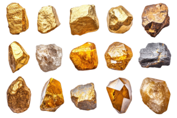 Collection of gold nuggets and various mineral specimens displayed against a stark on transparent background
