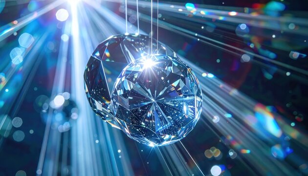 Dazzling, suspended crystalline orbs radiate light, emanating blue hues and shimmering bokeh effects, suggesting an ethereal, elegant, and festive ambiance, creating a captivating visual display.