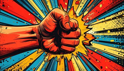 Powerful illustration showcases a clenched fist in a dynamic, comic-book style against a vibrant background, featuring radiating lines in bold colors and a striking pop-art aesthetic, symbolizing...