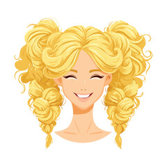 Illustration of a cheerful, curly blonde woman's hair styled in two voluminous pigtails, conveying happiness and fun
