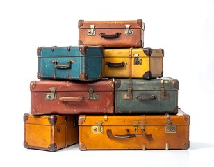 Vintage suitcases stacked against white background
