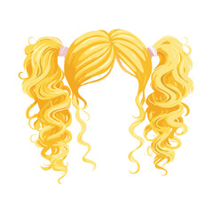 Illustration of a woman's curly blonde hair styled in two high, voluminous pigtails, conveying a cheerful, sporty look
