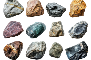 Collection of twelve colorful rocks and stones for geological study and design use on transparent background