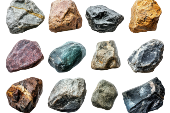 Collection of twelve colorful rocks and stones for geological study and design use on transparent background