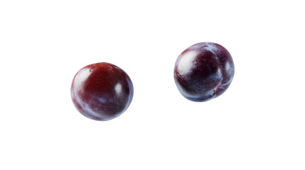 The plump purple plum appears weightless and pure, isolated on white
