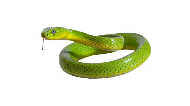 Vibrant green viper coiled, flicking tongue, ready to strike