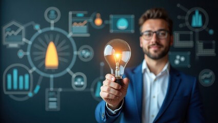 Smiling man in formal attire holds a lit lightbulb, symbolizing ideas, innovation, and inspiration, set against a dark backdrop with graphic interface elements and data visualization concepts.
