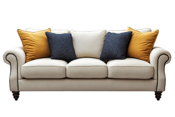 Fototapeta premium Elegant cream sofa with mustard and navy cushions for living room interior design ideas on transparent background