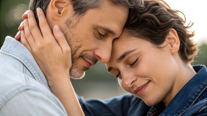 Intimate Hug: Close-Up Man & Partner in Emotion. Man embracing partner, tight focus on faces and hands—tender human beauty moment.