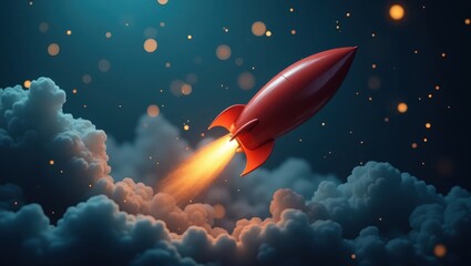 Bright red rocket soaring upwards, leaving a fiery trail behind, ascends gracefully through fluffy white clouds against a dark blue night sky dotted with luminous golden orbs, conveying themes of...