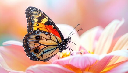 Colorful butterfly rests gracefully on a delicate pink flower, showcasing intricate wing patterns and details within the soft pastel backdrop that creates a sense of tranquility and serenity in...