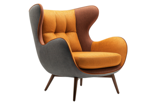 Stylish accent chair features a modern design with a unique color block pattern for home decor ideas on transparent background