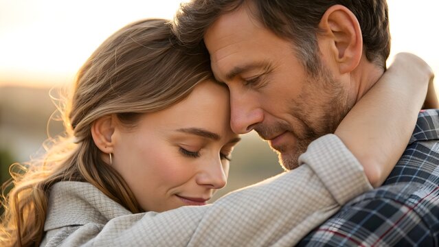 Intimate Hug: Close-Up Man & Partner in Emotion. Man embracing partner, tight focus on faces and hands—tender human beauty moment.