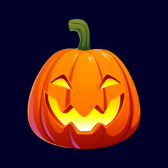 Cartoon Halloween orange pumpkin carved into cheerful jack o lantern, vector icon. Pumpkin with glowing eyes and wide smile grim for Halloween horror night, holiday cartoon spooky scary character