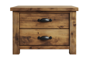 Rustic wooden nightstand with two drawers and black handles for bedroom furniture decor and storage solution on transparent background