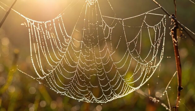 Delicate spiderweb illuminated by soft sunlight, sparkling with tiny water droplets, showcasing the intricate details of nature's artistry against a blurred background.
