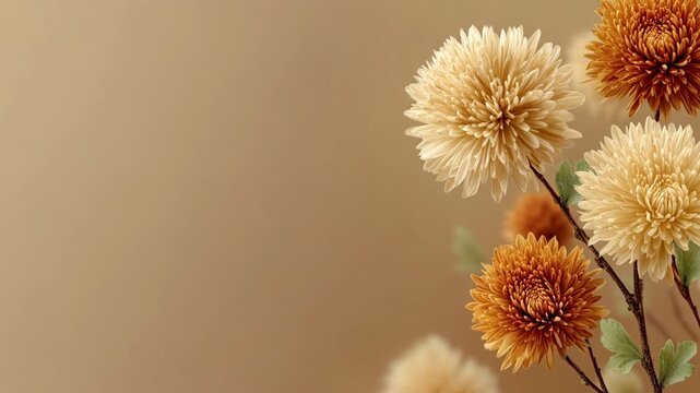 Elegant Bouquet of Soft Golden Chrysanthemums Creating Warm Floral Atmosphere in Closeup Shot with copyspace