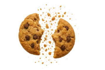 Chocolate chip cookie breaking into pieces with crumbs flying, perfect sweet snack on transparent background