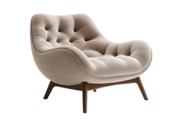 Elegant beige armchair with tufted back and wooden legs for modern interiors on transparent background