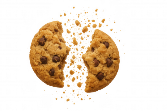 Chocolate chip cookie breaking into pieces with crumbs flying, perfect sweet snack on transparent background