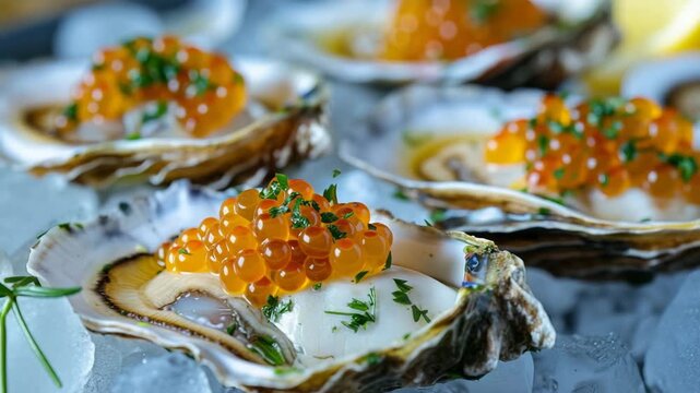 Fresh oysters topped with salmon roe and herbs on ice at a seafood restaurant during dinner service