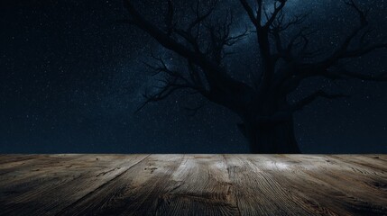 Halloween night: where haunted structures meet spooky scenery. Large format. Enchanted halloween: wood table, bare tree silhouette, and moonlit mists. Advertising photo. Print ready.