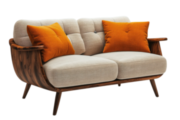 Modern loveseat with wooden frame and orange pillows adds style to any living room decor scheme on transparent background