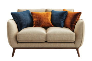 Modern loveseat sofa with blue and orange pillows offers comfortable seating for living room decor ideas on transparent background