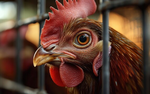 Close-up of a brown chicken with a red comb and wattles behind metal wire fencing in a softly lit environment - Powered by Adobe